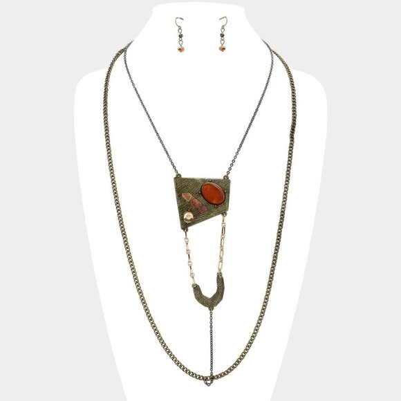 NEW Bohemian Quartz Gold Burnished Double Layer Necklace Set - Picture 1 of 5
